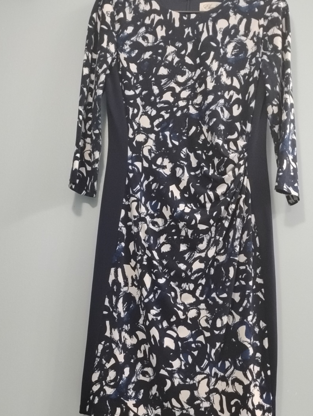 Eliza J Navy, Black & White Abstract Brushstroke 3/4 Sleeve Sheath Dress Size 8